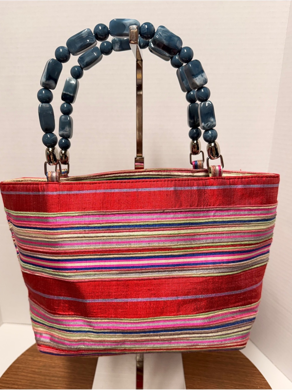 Talbots Women’s Striped Canvas Handbag Purse Turquoise Stone Double Handles